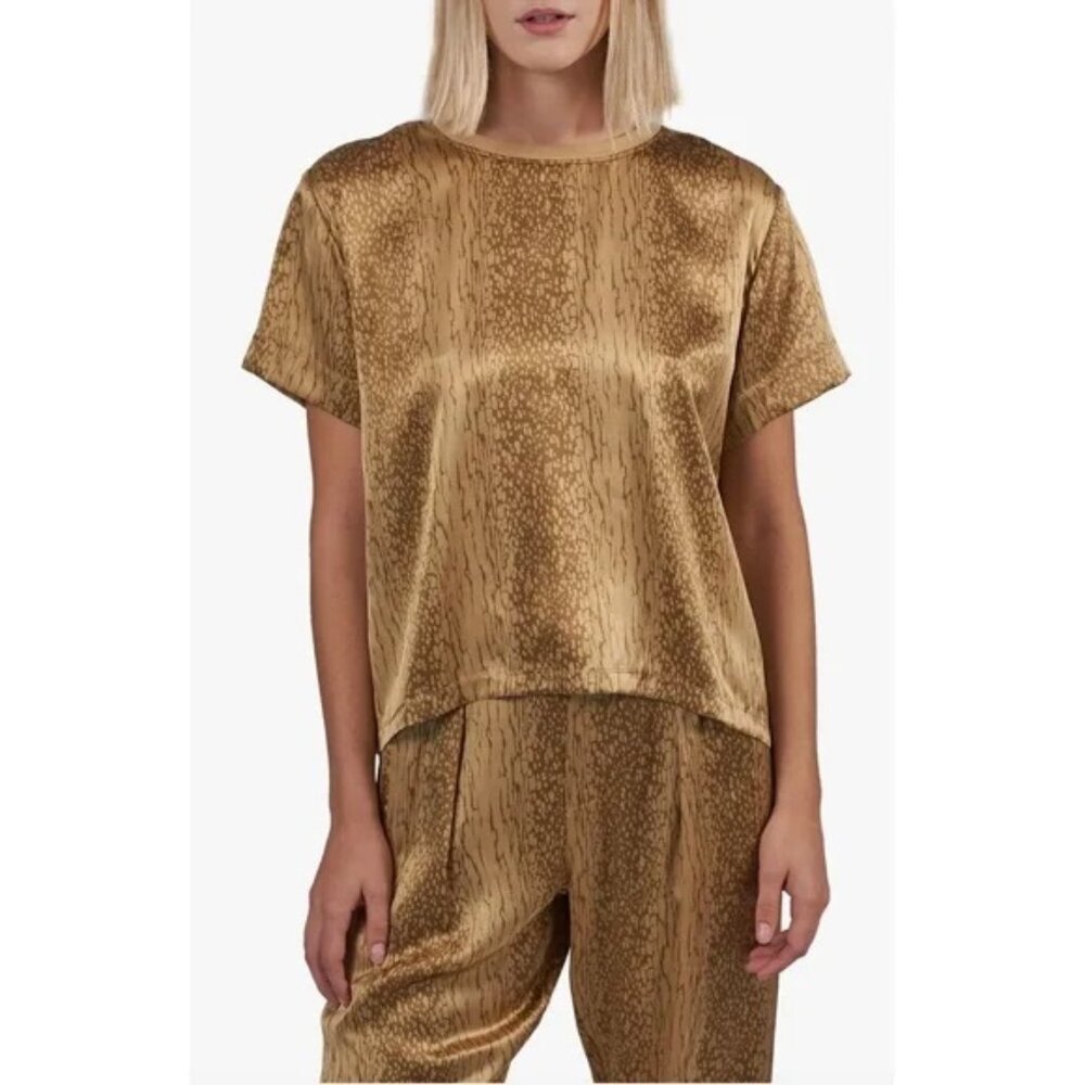 ATM Anthony Thomas Melillo Boxy Silk Tee Top‎ Gold Animal Print XS